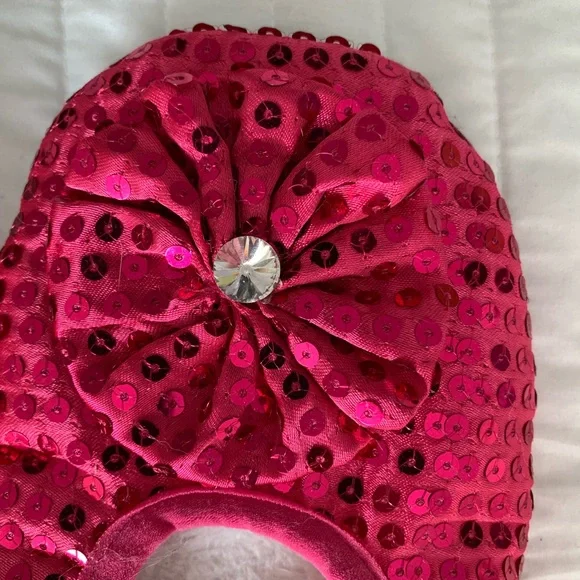 Ballet Slippers Pink Sequin Flower Clear Rhinestone Fur Lined Women's - Picture 4 of 12